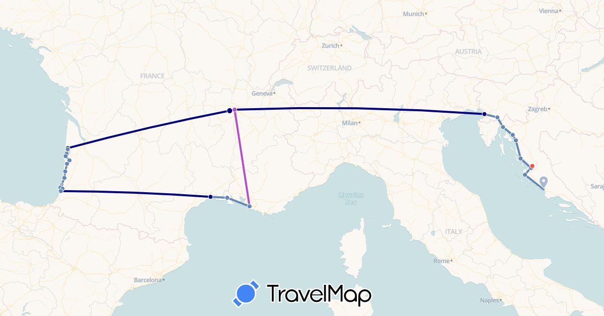 TravelMap itinerary: driving, cycling, train, hiking in France, Croatia, Italy, Slovenia (Europe)